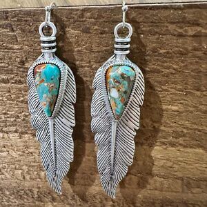 Feather Gemstone Earrings, Native American Statement Feather Earring, Ships in